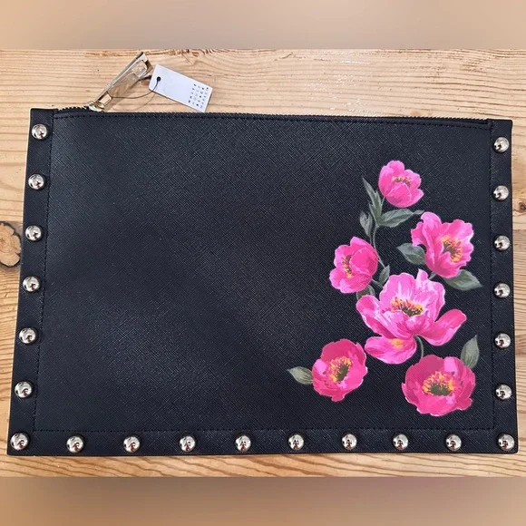 White House Black Market Black Clutch with Pink Floral Design - Picture 1 of 2